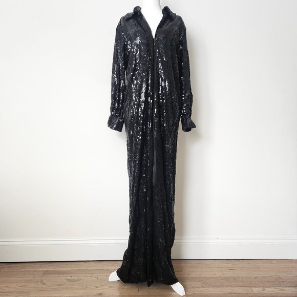 Vintage Halston Sequin Maxi Dress Size 12 Black Zip Collared Formal Party 70s - Picture 1 of 16